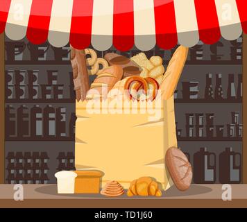 Bread products and market stall. Stock Vector