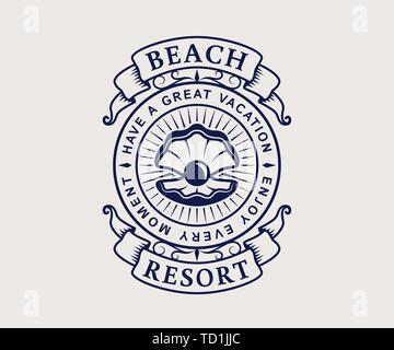 Beach resort logo with seashell. Elegant vintage emblem isolated on white background. Vector template. Stock Vector