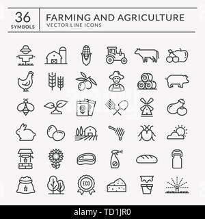 Farming and agriculture line icon set. Vector isolated farm and countryside outline symbols: cereal crop, fruits, vegetables, natural dairy products. Stock Vector