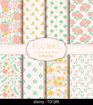 Floral seamless patterns. Collection of backgrounds with cute flowers. Vector set. Stock Vector