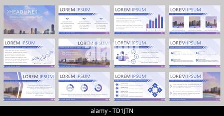 Set of 12 templates for business presentation. Vector backgrounds with infographic elements and blurred city landscapes. Stock Vector