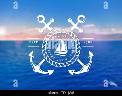 Sailing cruises logo on blurred sea background. Sailboat trips emblem with anchors and rope frame. Vector template. Stock Vector