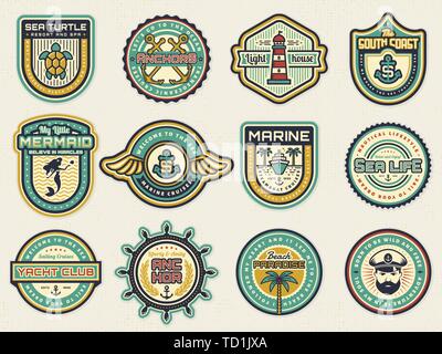 Retro nautical emblem set with anchors, steering wheel, lighthouse. Cruise, yachting, travel, sea life, beach resort themes. Vintage vector badges. Stock Vector