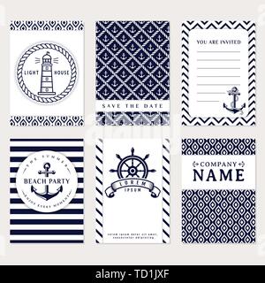 Set of nautical and marine banners and flyers. Elegant card templates in white and navy blue colors. Sea theme. Vector collection. Stock Vector