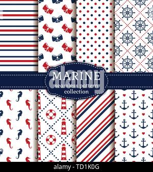 Sea and nautical backgrounds in white, blue and red colors. Sea theme. Seamless patterns collection. Vector set. Stock Vector