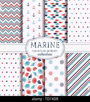 Set of marine and nautical backgrounds in blue, red and white colors. Sea theme. Cute seamless patterns collection. Vector illustration. Stock Vector