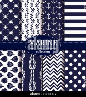 Set of marine and nautical backgrounds in navy blue and white colors. Sea theme. Elegant seamless patterns. Vector collection. Stock Vector