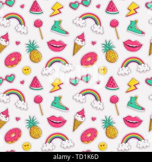 Cute seamless pattern with colorful patch badges. Fashion background in white, pink, blue-green and yellow colors. Vector trendy illustration. Stock Vector