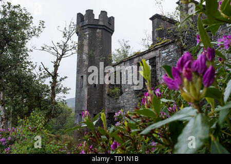 The desolate ruins of a large house or small castle on the road just passed Molls Gap on the Ring of Kerry, Ireland on an overcast day Stock Photo