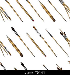 Brushes and pencils seamless pattern. Tools and materials of the artist for drawing. Craft creative people. Equipment in Doodle style. Engraved hand Stock Vector