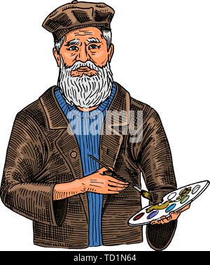 Bearded creative man on a white  background with paints. Artist in a hat for a poster or banner. Drawn by hand in the vintage style sektch. Stock Vector