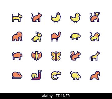Simple Set of Animal Related Vector Filled Line Icons. Contains such Icons as dog, cat, chick, duck, monkey and More. pixel perfect vector icons based Stock Vector