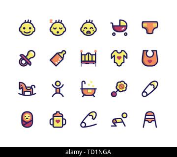 Simple Set of Baby Related Vector Filled Line Icons. Contains such Icons as baby, stroller, diaper, pacifier, bottle and More. pixel perfect vector ic Stock Vector