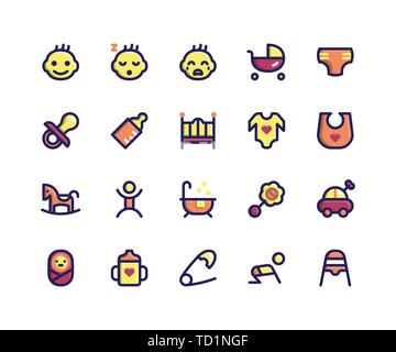Simple Set of Baby Related Vector Filled Line Icons. Contains such Icons as baby, stroller, diaper, pacifier, bottle and More. pixel perfect vector ic Stock Vector