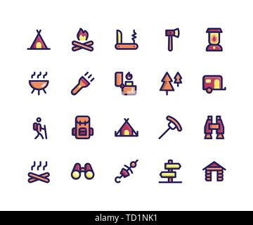 Simple Set of Camping Related Vector Filled Line Icons. Contains such Icons as Camp, Fire, Knife, Hatchet, Lamp and More. pixel perfect vector icons b Stock Vector