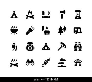 Simple Set of Camping Related Vector Glyph Icons. Contains such Icons as Camp, Fire, Knife, Hatchet, Lamp and More. pixel perfect vector icons based o Stock Vector