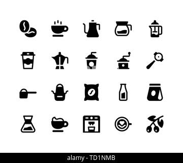Simple Set of Coffee Shop Related Vector Glyph Icons. Contains such Icons as beans, cup, kettle, grinder, apron and More. pixel perfect vector icons b Stock Vector