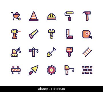 Simple Set of Construction Related Vector Line Icons. Contains such Icons as barrow, helmet, hammer, drill, saw and More Stock Vector