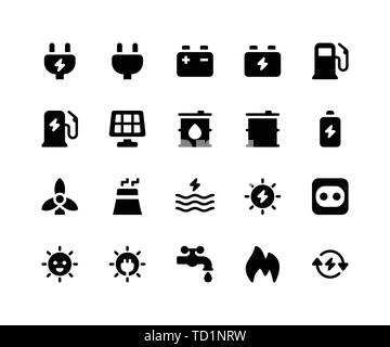 Simple Set of Energy Related Vector Glyph Icons. Contains such Icons as plug, battery, gas, solar, oil, sun and More. pixel perfect vector icons based Stock Vector