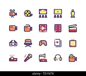 Simple Set of Entertainment Related Vector Filled Line Icons. Contains such Icons as camera, movie, theatre, filmstrip, trophy and More. pixel perfect Stock Vector