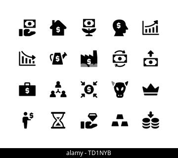 Simple Set of Investment Related Vector Glyph Icons. Contains such Icons as fund, home, money plant, increase and More. pixel perfect vector icons bas Stock Vector