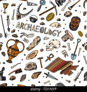 Archeology seamless pattern. Tools and science equipment, artifacts in vintage style. Excavated fossils and ancient bones on an orange background Stock Vector
