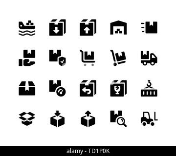 Simple Set of Logistic Related Vector Glyph Icons. Contains such Icons as freighter, package, inventory, warehouse, trolly and More. pixel perfect Stock Vector
