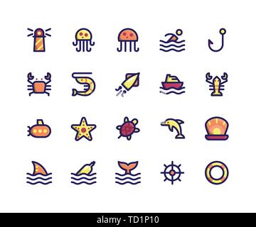 Simple Set of Camping Related Vector Filled Line Icons. Contains such Icons as Lighthouse, Jellyfish, Crab, Shrimp, Squid and More. pixel perfect vect Stock Vector