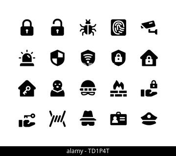 Simple Set of Security Related Vector Glyph Icons. Contains such Icons as lock, unlock, bug, finger print and More. pixel perfect vector icons based o Stock Vector