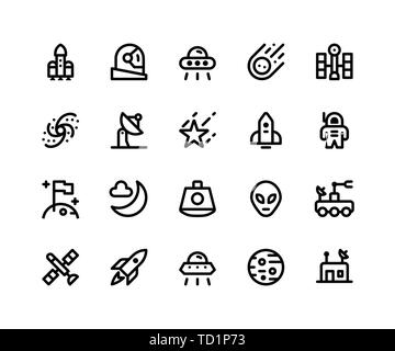 Simple Set of Space Related Vector Line Icons. Contains such Icons as rocket, astronaut, alien, comet, satellite and More. pixel perfect vector icons Stock Vector
