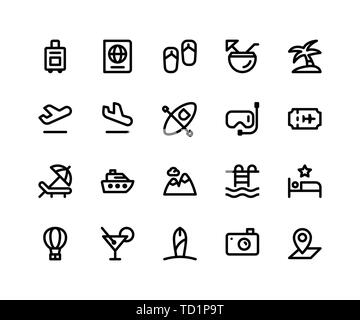 Simple Set of Travel Related Vector Line Icons. Contains such Icons as pilgrim briefcase, passport, sandals, coconut, island and More. pixel perfect v Stock Vector