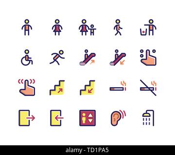 Simple Set of Wayfinding Related Vector Filled Line Icons. Contains such Icons as sign, male, women, walking, run, wheelchair and More. pixel perfect  Stock Vector