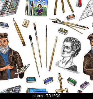Tools for the artist seamless pattern. Easel, paints, paintings, brushes, pencils. Craft creative people. Equipment background in Doodle style Stock Vector