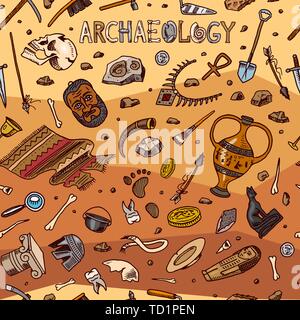 Archeology seamless pattern. Tools and science equipment, artifacts in vintage style. Excavated fossils and ancient bones on an orange background Stock Vector