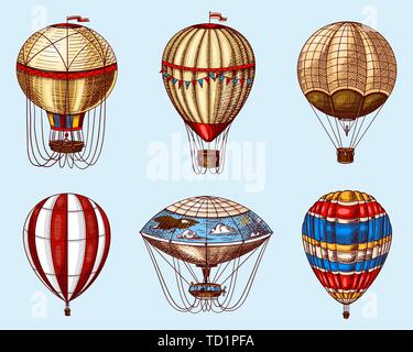 Hot Air Balloons on a blue background. Vector retro flying airships with decorative elements. Template transport for Romantic logo. Hand drawn Stock Vector