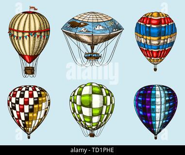 Hot Air Balloons on a blue background. Vector retro flying airships with decorative elements. Template transport for Romantic logo. Hand drawn Stock Vector