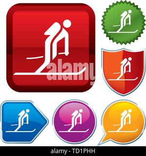 Vector illustration. Set shiny icon series on buttons. Ski. Stock Vector