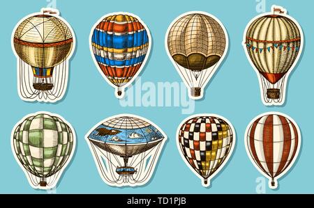 Hot Air Balloons on a blue background. Vector retro flying airships with decorative elements. Template transport for Romantic logo. Hand drawn Stock Vector
