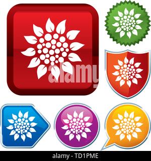 Vector illustration. Set shiny icon series on buttons. Sunflower. Stock Vector