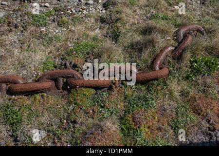 A rusting ship's anchor chain decaying into the ground, nobody in the image Stock Photo
