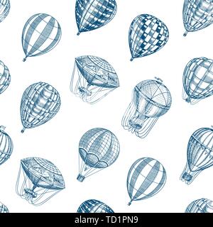Hot Air Balloons seamless pattern. Vector retro flying airships. Template transport for Romantic background. Hand drawn Engraved vintage sketch. Stock Vector