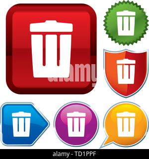 Vector illustration. Set shiny icon series on buttons. Trash can. Stock Vector