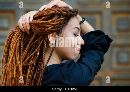 Dreadlocks Closeup Fashionable Girl Posing At Old Wooden Door Background Stock Photo Alamy