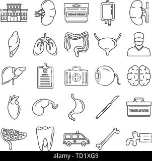 Transplantation organ icons set. Outline set of transplantation organ vector icons for web design isolated on white background Stock Vector