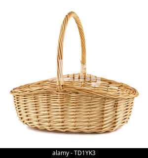 Empty wicker picnic basket isolated on white. Stock Photo