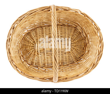Empty wicker picnic basket isolated on white. Top view. Stock Photo