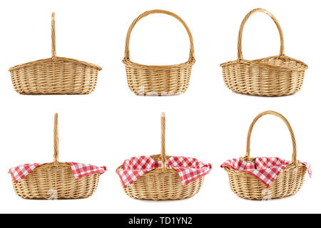 Collage of empty wicker picnic baskets with red checkered tablecloths. Shot from different angles. Isolated. Stock Photo