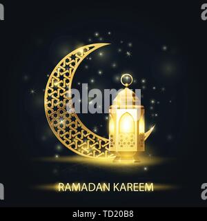 Islamic crescent and lantern covered with arabic pattern - Ramadan Kareem greetings Stock Vector