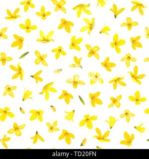 Golden Bell Seamless pattern, Forsythia suspensa, spring branch with blossoming yellow flowers. Vector illustration. Summer decor. for prints, posters Stock Vector