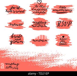 Set of Custom hand  lettering phrases save the date, rsvp, bride and groom, wedding invitation, happy anniversary. Handwritten holiday and wedding gre Stock Vector